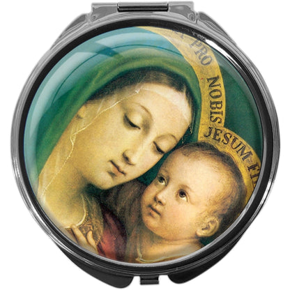 metALUm Pillendose mit Spiegel rund Metall 3 Fächer JUNGFRAU MARIA MIT KIND #0013