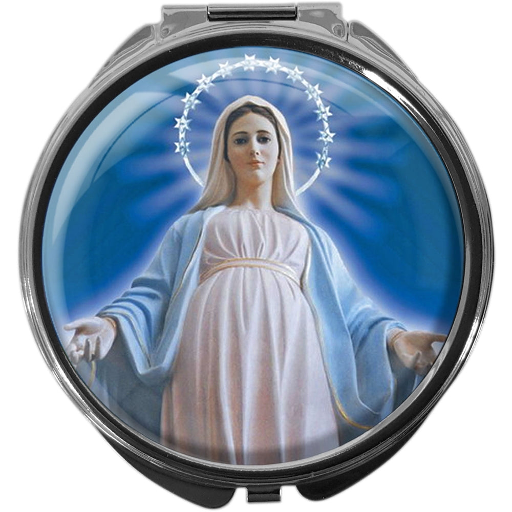 metALUm Pillendose mit Spiegel rund Metall 3 Fächer JUNGFRAU MARIA #0012