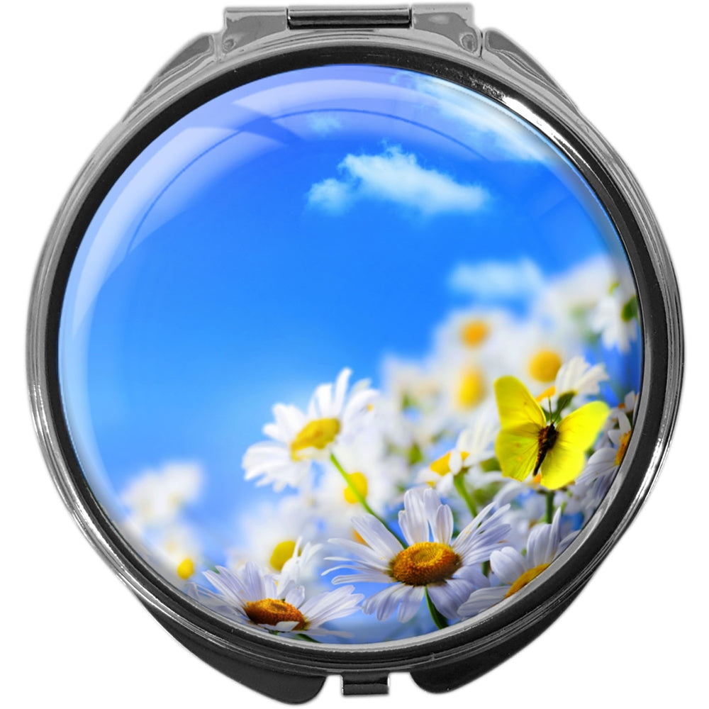 metALUm Pillendose mit Spiegel rund Metall 3 Fächer BLUMENWIESE #1031