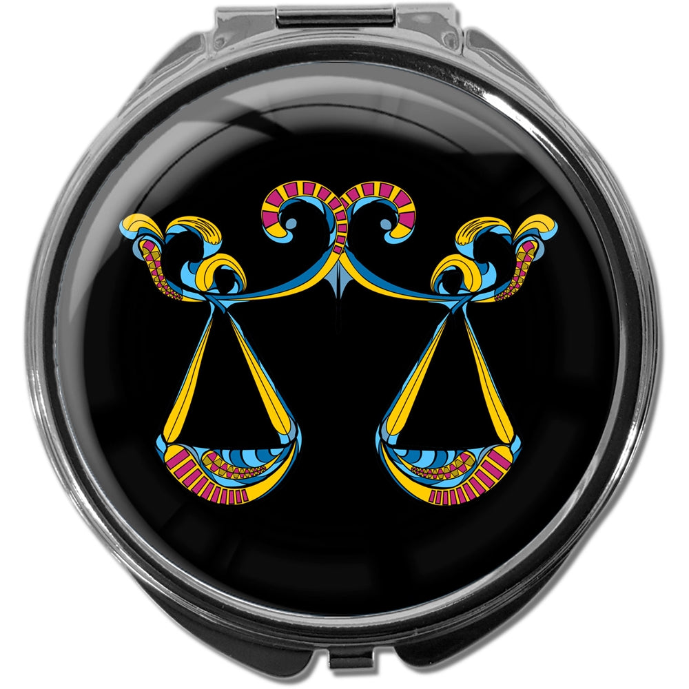 metALUm Pillendose mit Spiegel rund Metall 3 Fächer STERNZEICHEN WAAGE #1220