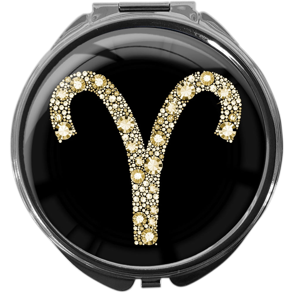 metALUm Pillendose mit Spiegel rund Metall 3 Fächer STERNZEICHEN WIDDER #1084