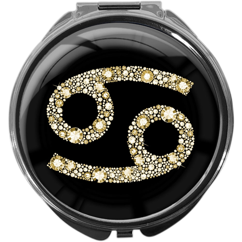 metALUm Pillendose mit Spiegel rund Metall 3 Fächer STERNZEICHEN KREBS #1086