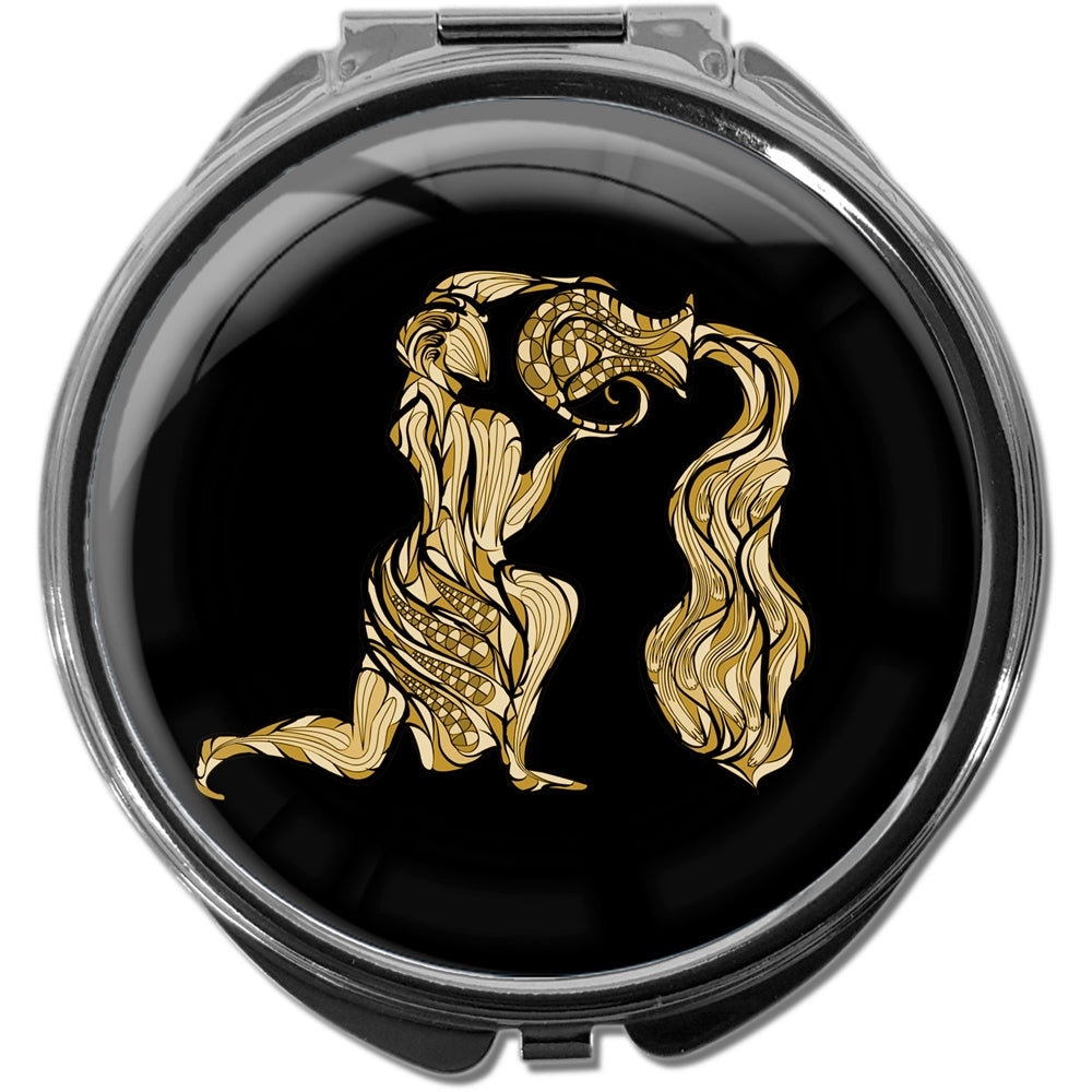 metALUm Pillendose mit Spiegel rund Metall 3 Fächer STERNZEICHEN WASSERMANN IN GOLD #1223