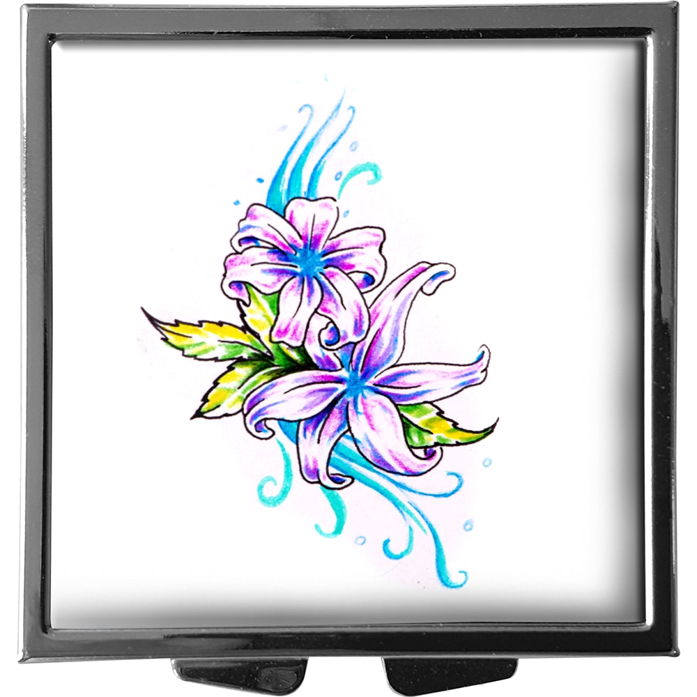 metALUm XXL Pillendose quadratisch 4 Fächer Zeichnung einer Blüte #0025