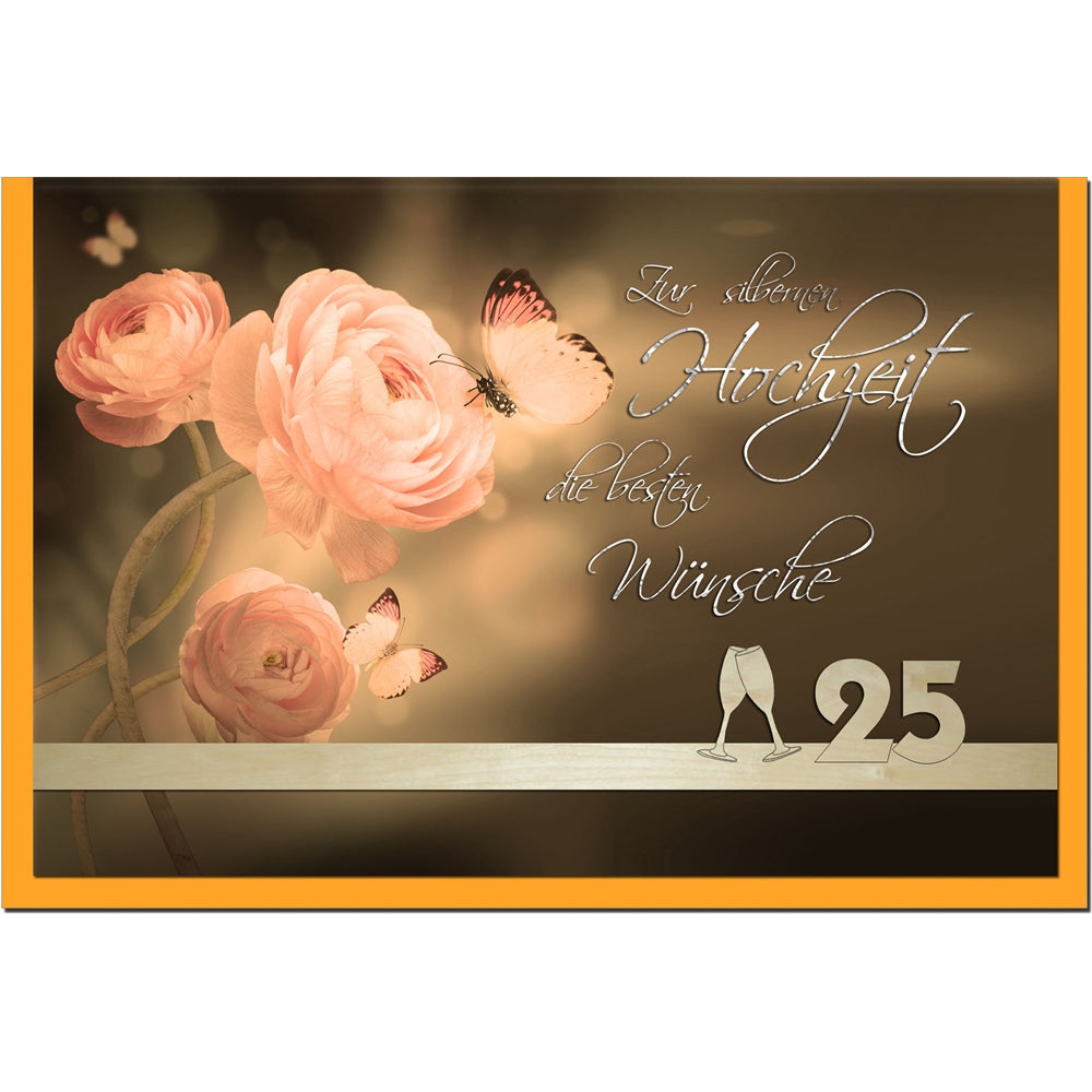 metalum Premium-Glückwunschkarte zur silbernen Hochzeit mit romantischem Motiv und ausgefallener, filigraner Echtholzverzierung