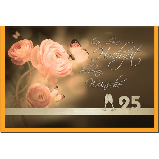 metalum Premium-Glückwunschkarte zur silbernen Hochzeit mit romantischem Motiv und ausgefallener, filigraner Echtholzverzierung