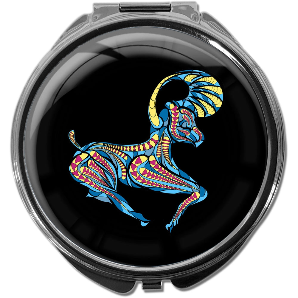 metALUm Pillendose mit Spiegel rund Metall 3 Fächer STERNZEICHEN WIDDER #1226