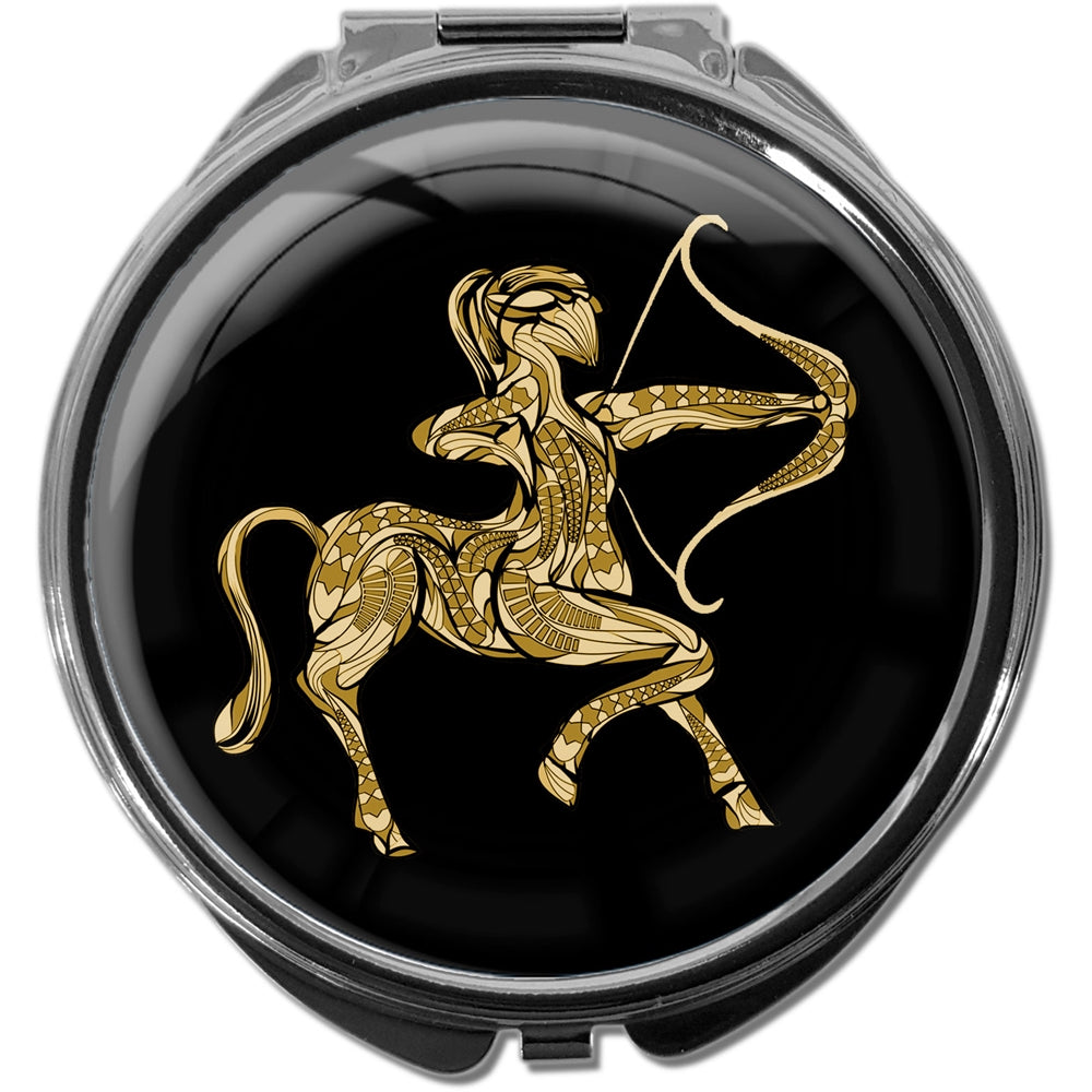 metALUm Pillendose mit Spiegel rund Metall 3 Fächer STERNZEICHEN SCHÜTZE IN GOLD #1217