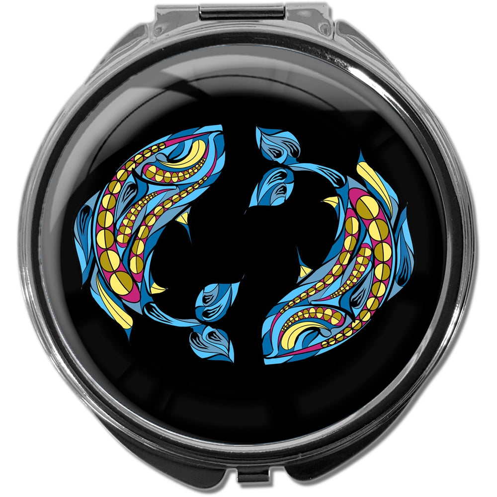 metALUm Pillendose mit Spiegel rund Metall 3 Fächer STERNZEICHEN FISCHE #1208