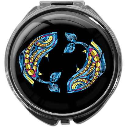 metALUm Pillendose mit Spiegel rund Metall 3 Fächer STERNZEICHEN FISCHE #1208