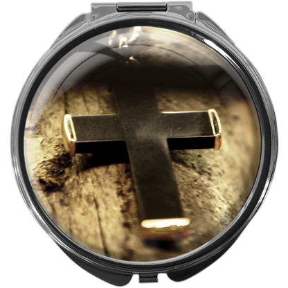 metALUm Pillendose mit Spiegel rund Metall 3 Fächer KREUZ #0009