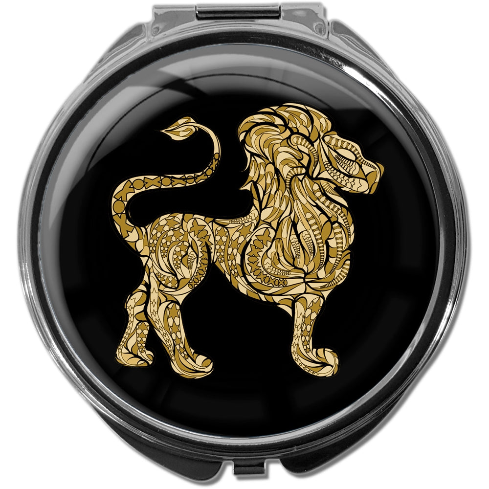 metALUm Pillendose mit Spiegel rund Metall 3 Fächer STERNZEICHEN LÖWE IN GOLD #1215