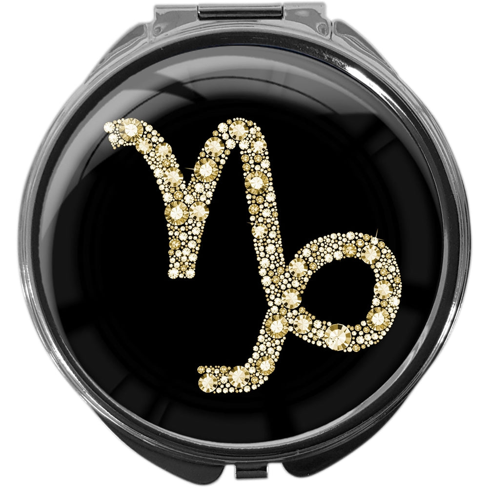 metALUm Pillendose mit Spiegel rund Metall 3 Fächer STERNZEICHEN STEINBOCK #1080