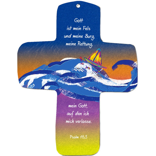 A metALUm Wandkreuz in Kreuzform mit Blau-Gelb-Verlauf, zeigt einen weißen Wal in Wellen mit buntem Hut. Deutscher Text: "Gott ist mein Fels und meine Burg." Ideal als christliche Dekoration & Geschenk zur Kommunion.