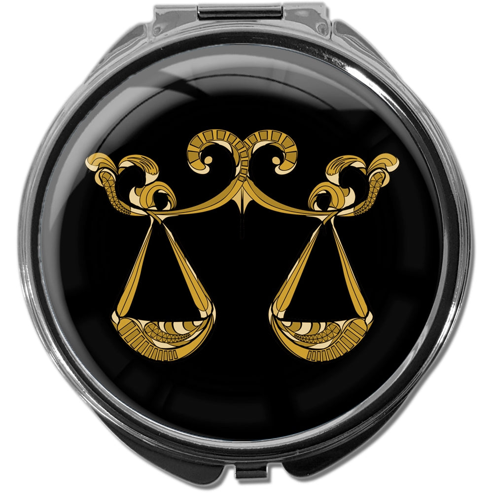 metALUm Pillendose mit Spiegel rund Metall 3 Fächer STERNZEICHEN WAAGE IN GOLD #1221