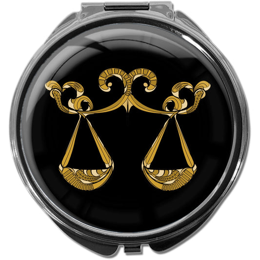 metALUm Pillendose mit Spiegel rund Metall 3 Fächer STERNZEICHEN WAAGE IN GOLD #1221