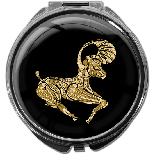 metALUm Pillendose mit Spiegel rund Metall 3 Fächer STERNZEICHEN WIDDER IN GOLD #1227