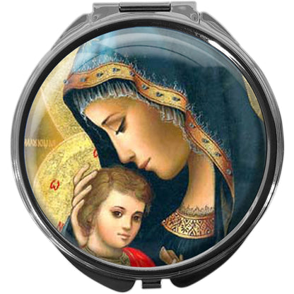 metALUm Pillendose mit Spiegel rund Metall 3 Fächer MARIA MIT KIND #0015