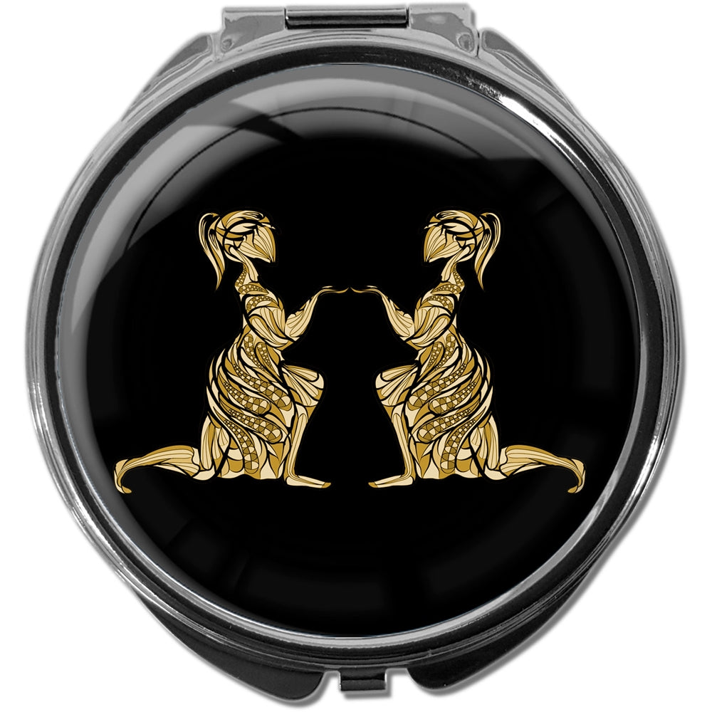 metALUm Pillendose mit Spiegel rund Metall 3 Fächer STERNZEICHEN ZWILLINGE IN GOLD #1225