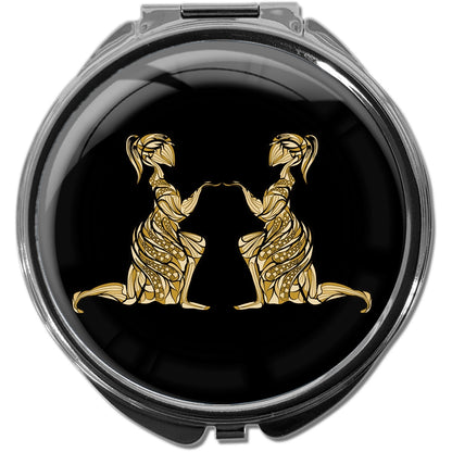 metALUm Pillendose mit Spiegel rund Metall 3 Fächer STERNZEICHEN ZWILLINGE IN GOLD #1225