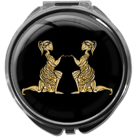 metALUm Pillendose mit Spiegel rund Metall 3 Fächer STERNZEICHEN ZWILLINGE IN GOLD #1225