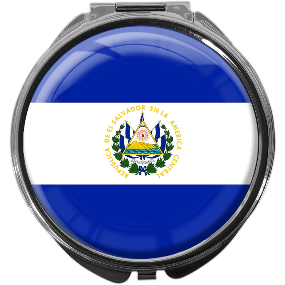 metALUm Pillendose mit Spiegel rund Metall 3 Fächer FLAGGE EL SALVADOR #0091