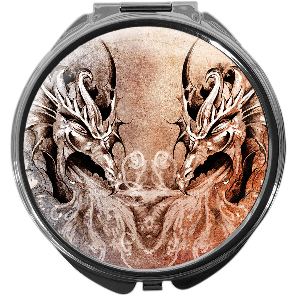 metALUm Pillendose mit Spiegel rund Metall 3 Fächer DRACHEN #1194