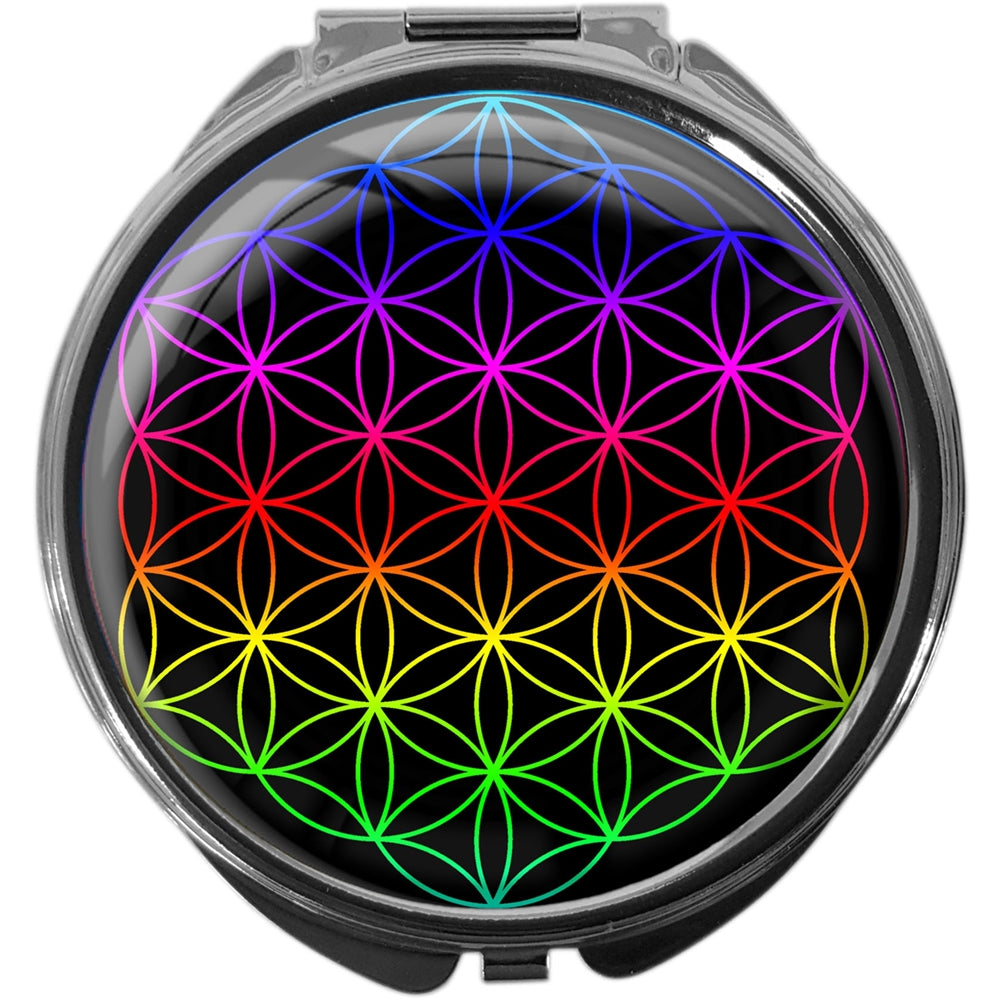 metALUm Pillendose mit Spiegel rund Metall 3 Fächer BLUME DES LEBENS #1043