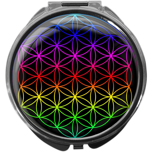 metALUm Pillendose mit Spiegel rund Metall 3 Fächer BLUME DES LEBENS #1043