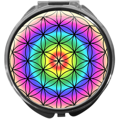 metALUm Pillendose mit Spiegel rund Metall 3 Fächer BLUME DES LEBENS #1009