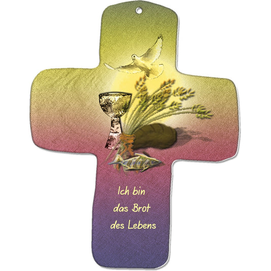 Das metALUm Wandkreuz zeigt einen Kelch, Brot, Weizen, Weintrauben und eine weiße Taube auf gelb-violettem Hintergrund. Darunter steht "Ich bin das Brot des Lebens" - eine schöne religiöse Dekoration und ein perfektes Geschenk für Kinder.